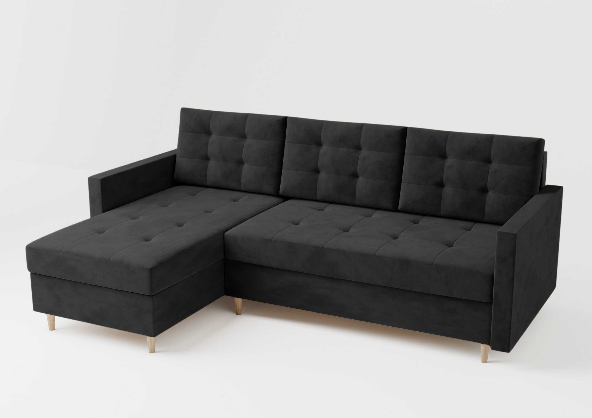 Skandynawski narożnik na drewnianych nogach rozkładany. Pikowana rogówka w kolorze czarnym